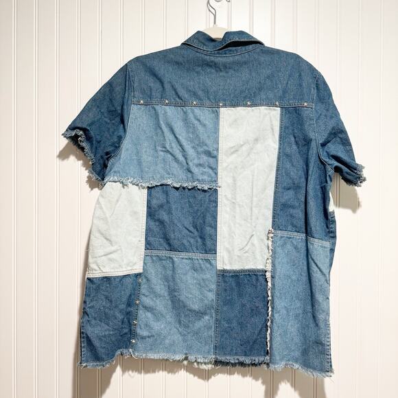 Vintage Denim Patchwork Western Shirt Star Studs Frayed Short Sleeve Size XL - Picture 8 of 8